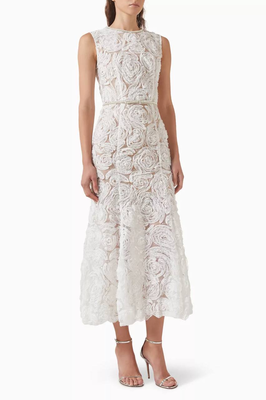 SP White Tulle Lace Belted Midi Dress