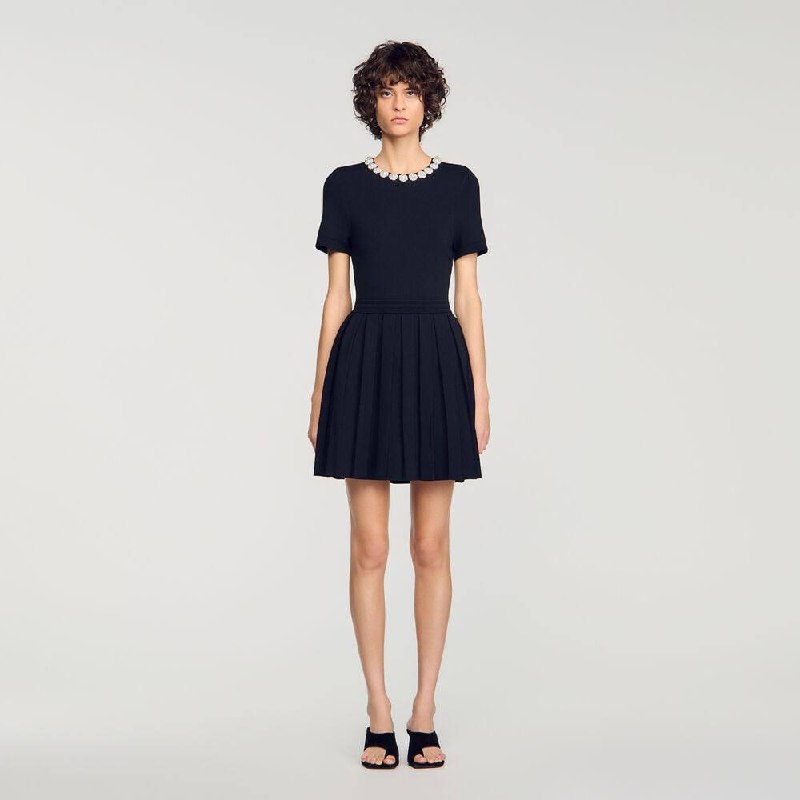Black Short Sleeve Beaded Flowers Flared Viscose-blend Mini Dress