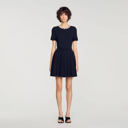 Black Short Sleeve Beaded Flowers Flared Viscose-blend Mini Dress