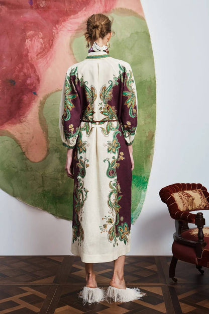 ALM002 Plum/Green Paisley Linen Shirtdress Mini Dress | Midi Dress
