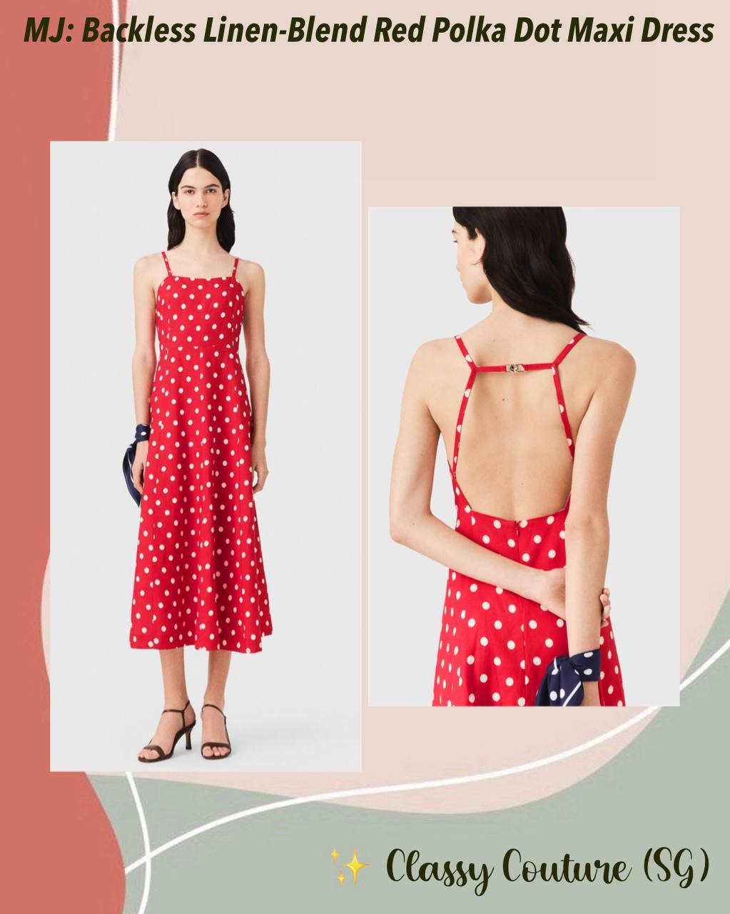 MJ Backless Linen-Blend Red Polka Dot Maxi Dress