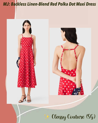MJ Backless Linen-Blend Red Polka Dot Maxi Dress