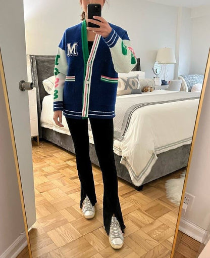 Blue Varsity Logo-Appliqué Cardigan