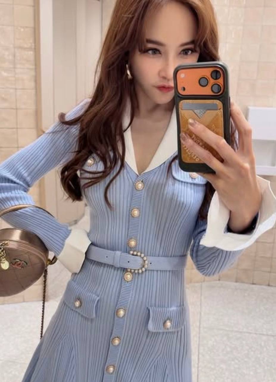 SP Belted Ribbed-Knit Minidress