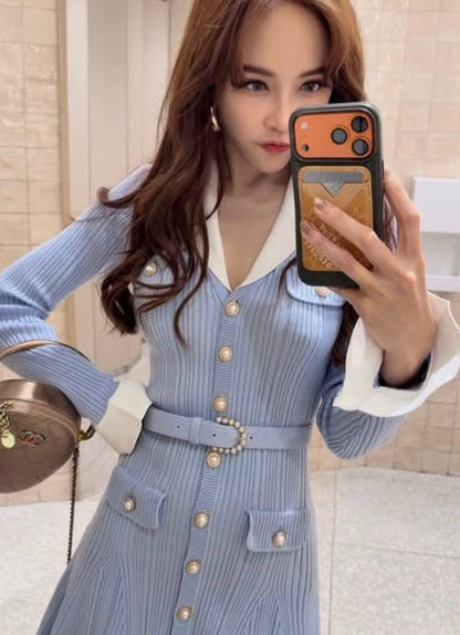 SP Belted Ribbed-Knit Minidress