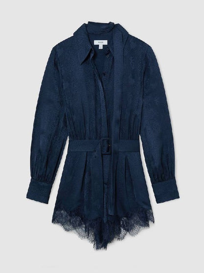 Navy Marlow Jacquard Lace-Trim Scarf-Neck Playsuit