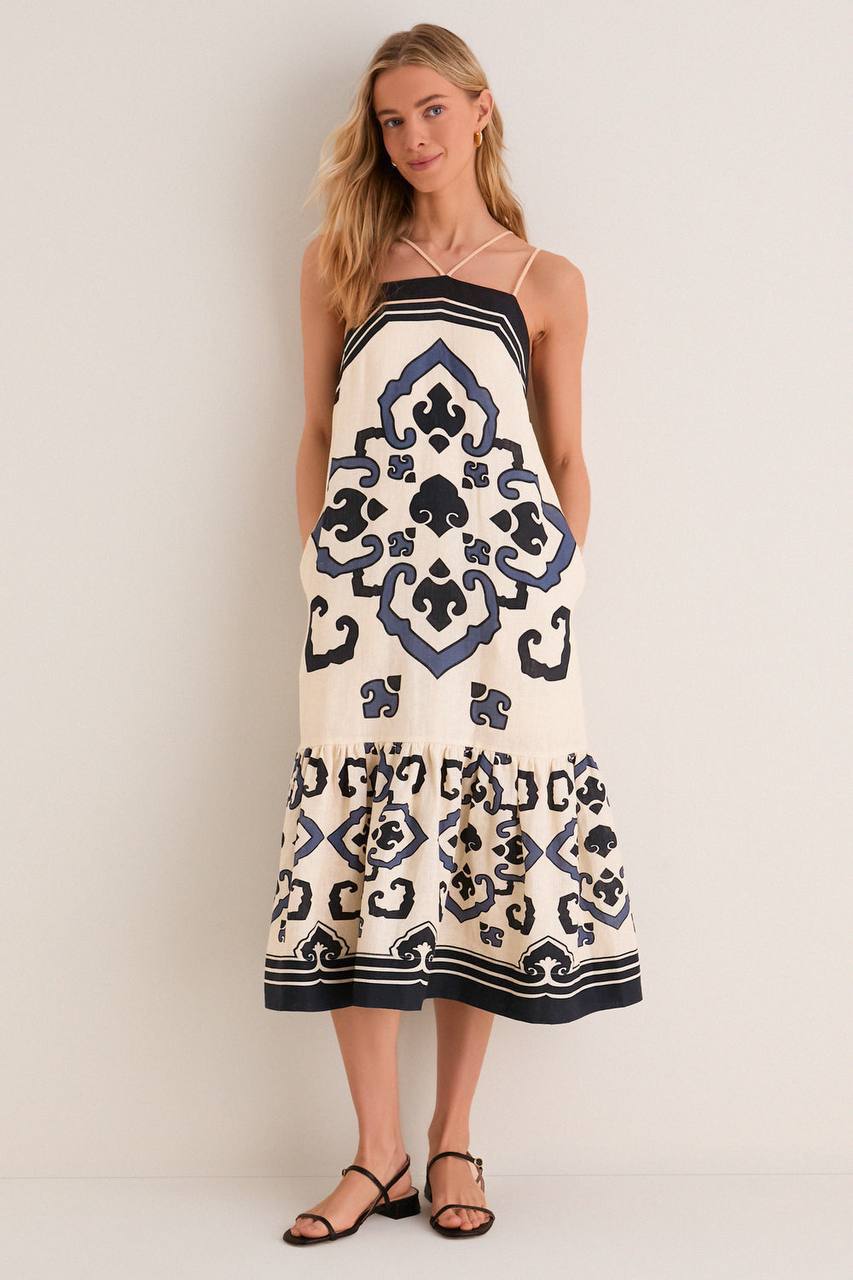 SE Blaise Linen Print Spaghetti Strap Dress