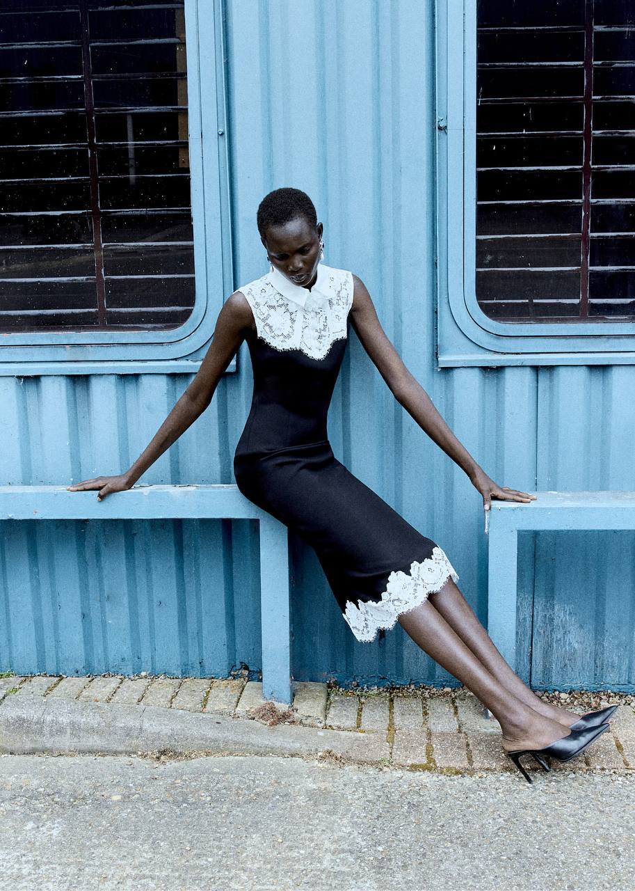 SP Black Contrast-Lace Bodice Midi Dress