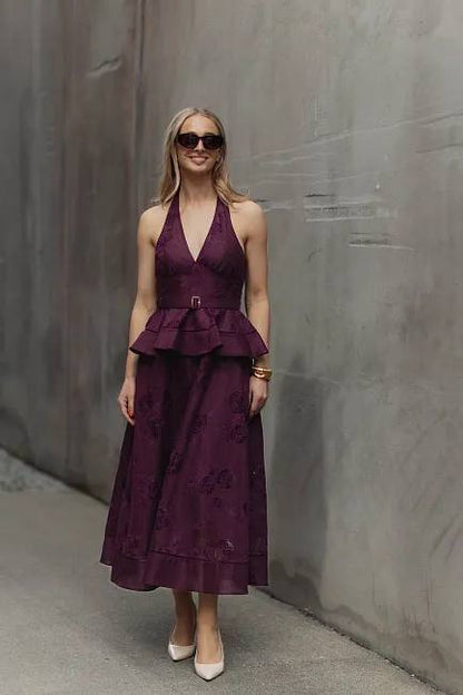 SP Plum Linen-cotton Halter Peplum Midi Dress