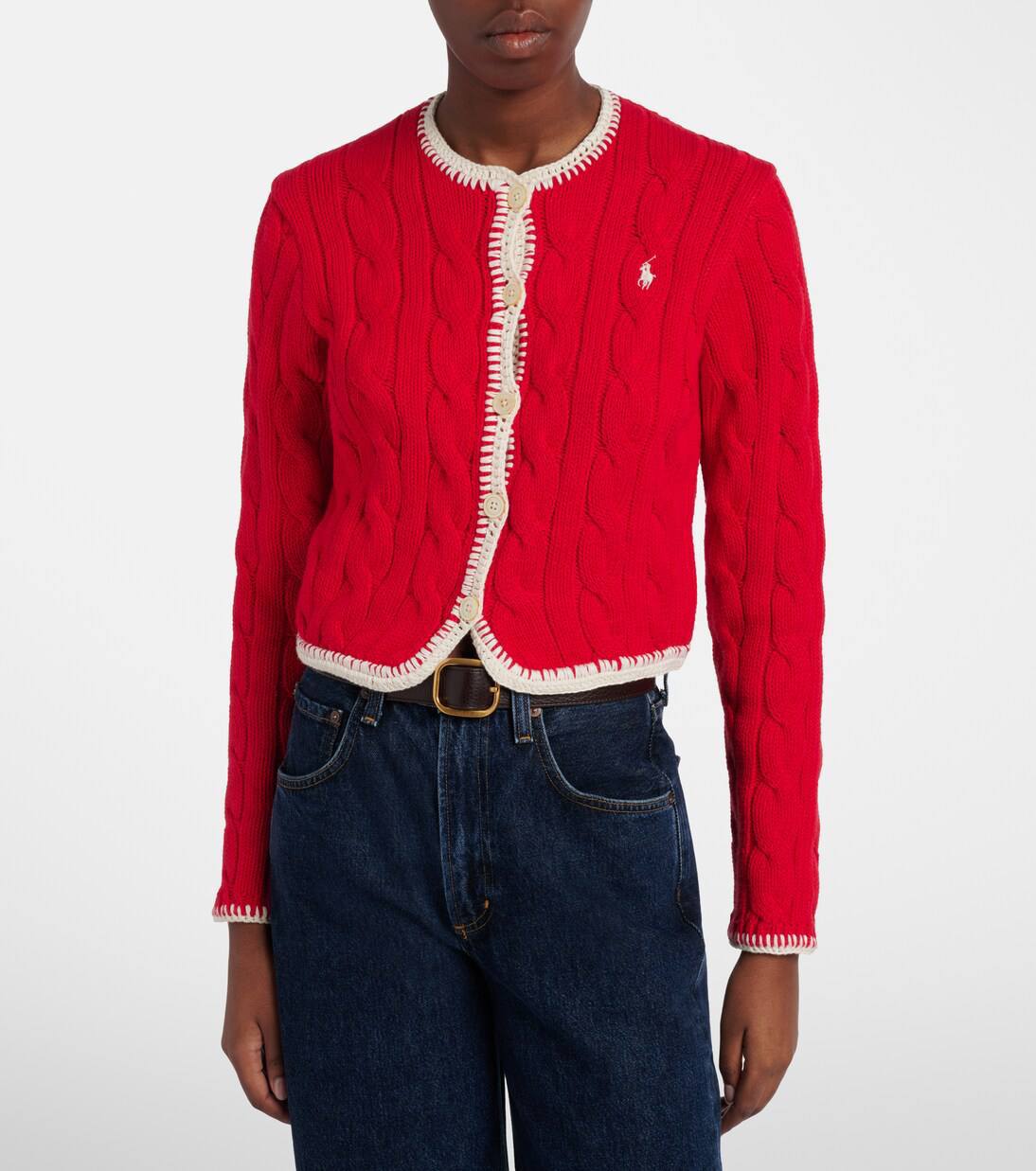 3 Colors! RL Whipstitch Trim Cable Stitch Cotton Cropped Cardigan