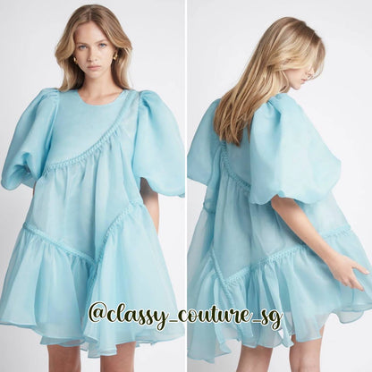 AJ Riviera Asymmetric Braided Puff Sleeve Smock Dress | mini | Mandarin Orange | Ice Blue