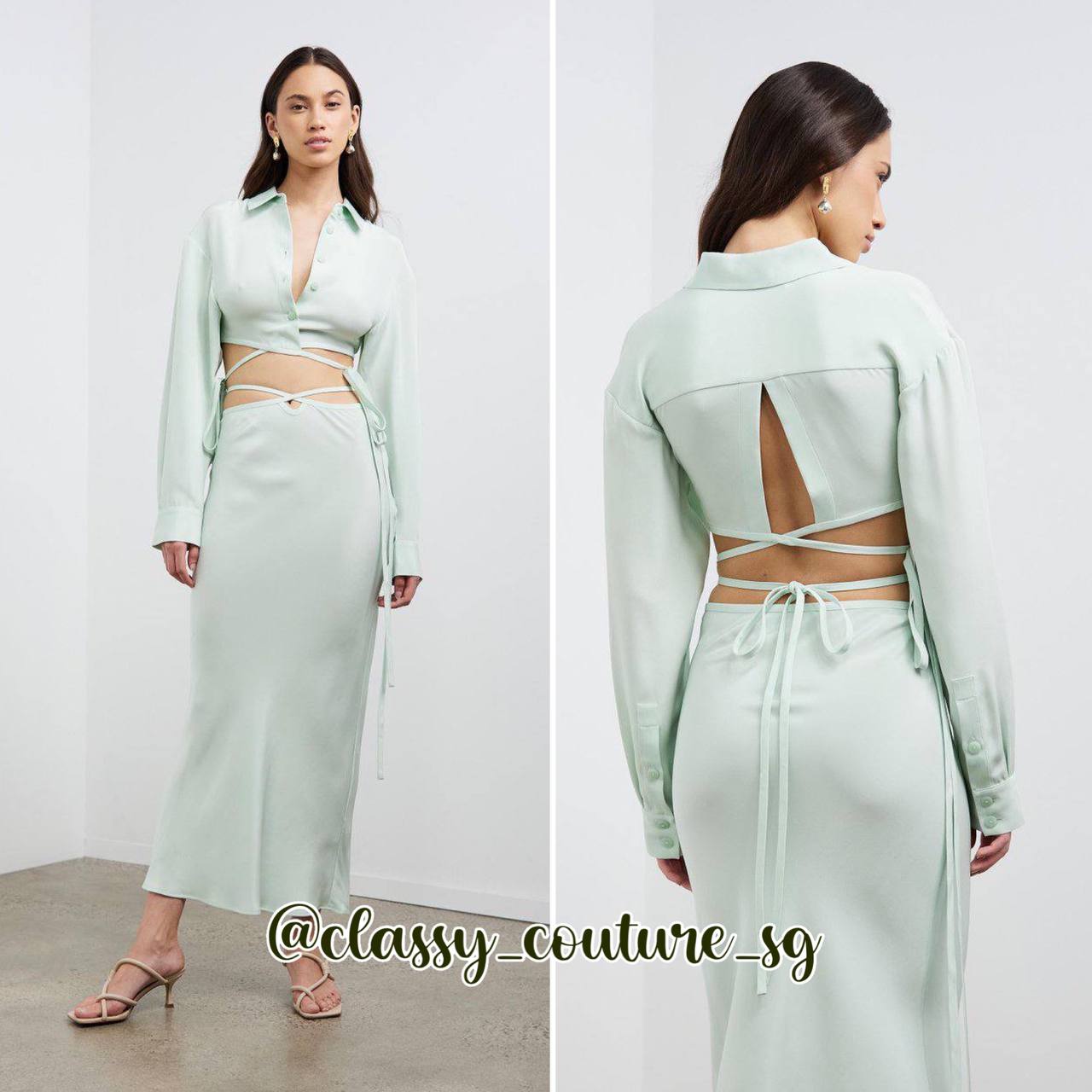 CE Silk Loophole Tie Skirt midi | Short & Long Sleeve Crop Tie Shirt | Set