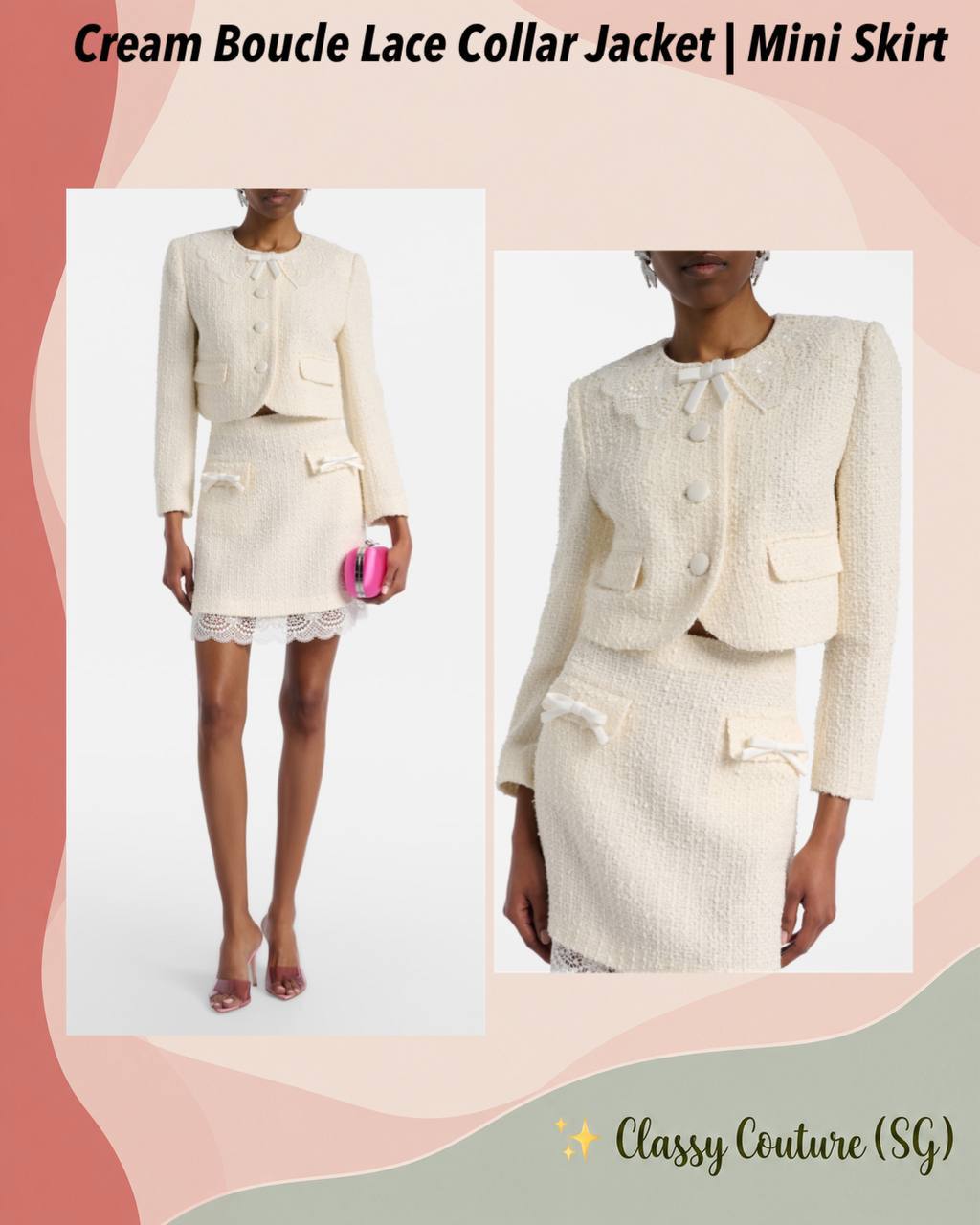 Cream Boucle Lace Collar Jacket | Mini Skirt - Image 1