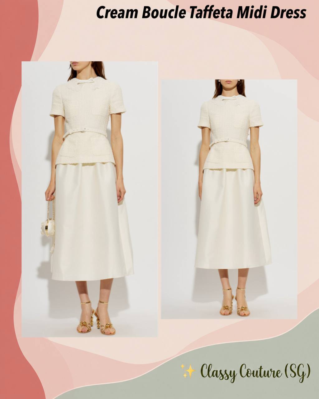 Cream Boucle Taffeta Midi Dress - Image 1