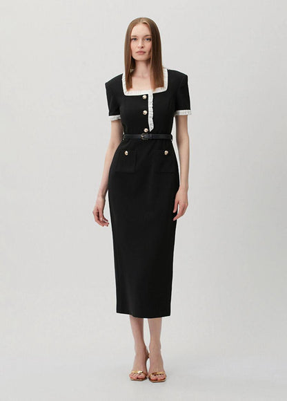 SP Black Crepe Contrast Frill Midi Dress