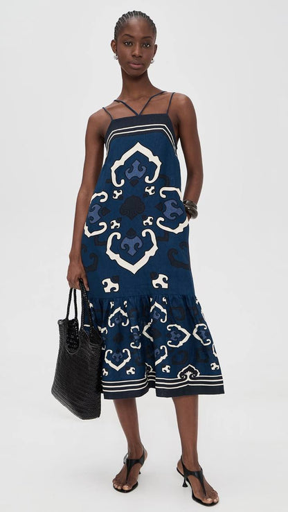 SE Blaise Linen Print Spaghetti Strap Dress
