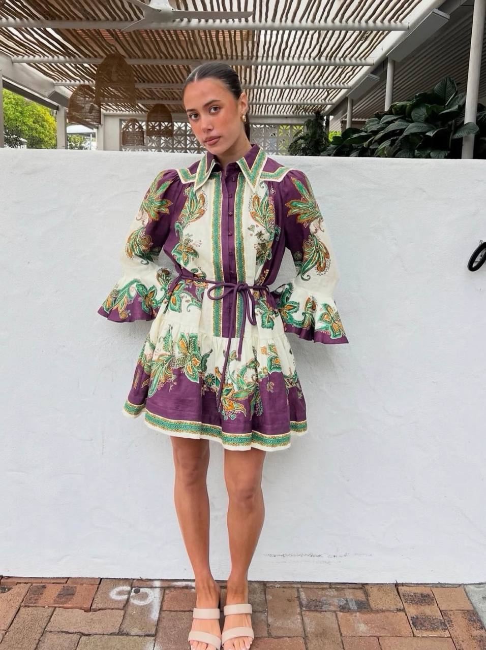 ALM002 Plum/Green Paisley Linen Shirtdress Mini Dress | Midi Dress
