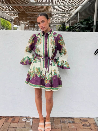ALM002 Plum/Green Paisley Linen Shirtdress Mini Dress | Midi Dress