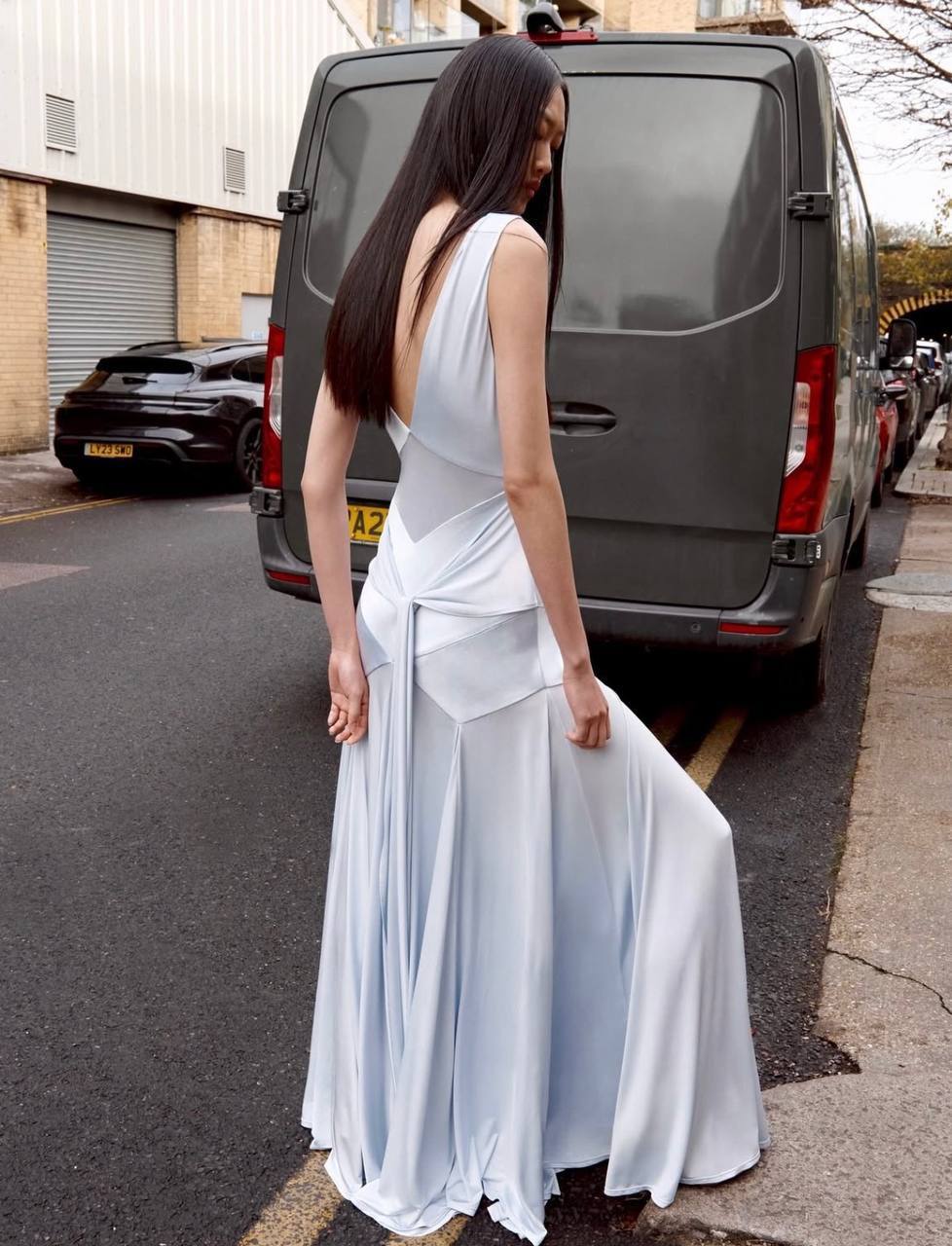 SP Blue Satin Jersey Tie Maxi Dress - Image 3