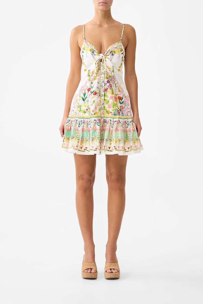 CM Tie Front Bow-Detail Floral Cotton Mini Dress With Hem Ruffle