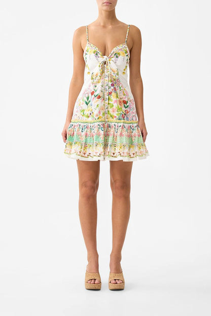 CM Tie Front Bow-Detail Floral Cotton Mini Dress With Hem Ruffle