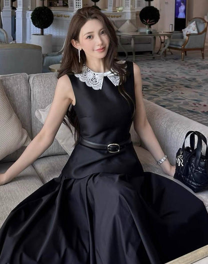 SP Black Belted Peplum Midi Dress in Taffeta