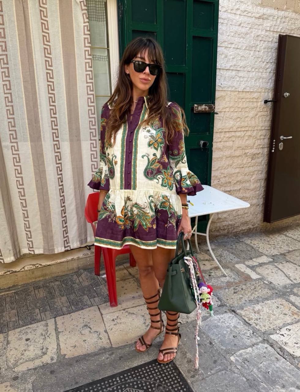 ALM002 Plum/Green Paisley Linen Shirtdress Mini Dress | Midi Dress