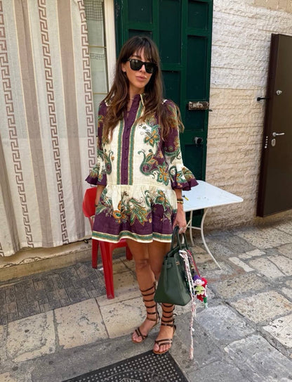 ALM002 Plum/Green Paisley Linen Shirtdress Mini Dress | Midi Dress