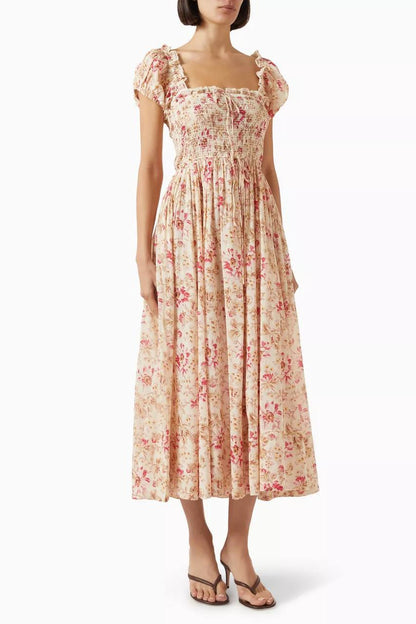 DN Floral Smocked Organic-cotton Midi Dress