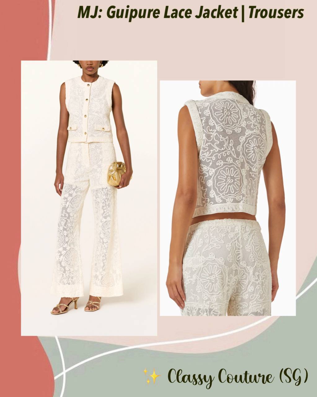 MJ Laros Guipure Lace Sleeveless Jacket Vest Top | Paros Trousers Pant | Cotton Set