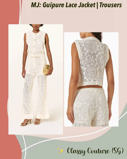 MJ Laros Guipure Lace Sleeveless Jacket Vest Top | Paros Trousers Pant | Cotton Set