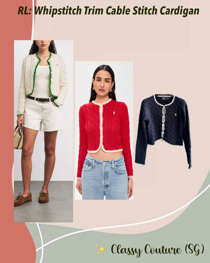 3 Colors! RL Whipstitch Trim Cable Stitch Cotton Cropped Cardigan