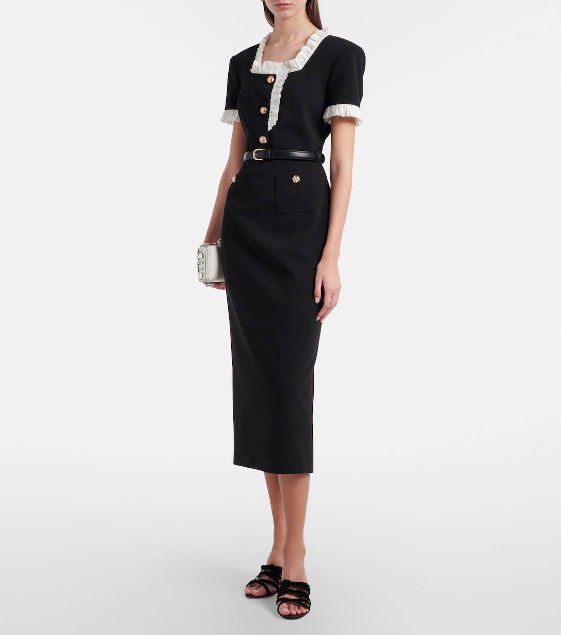 SP Black Crepe Contrast Frill Midi Dress