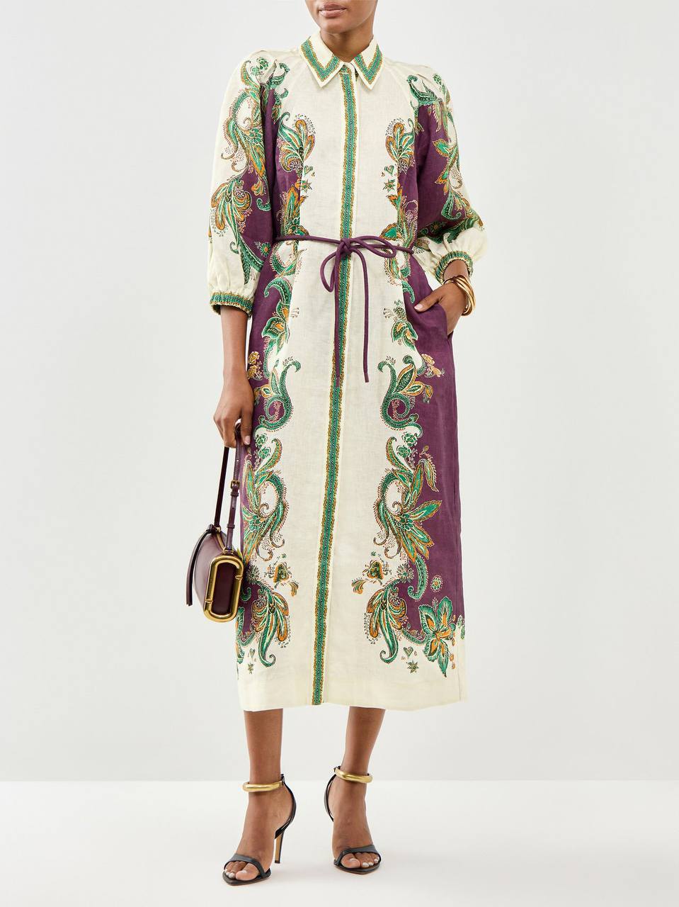 ALM002 Plum/Green Paisley Linen Shirtdress Mini Dress | Midi Dress