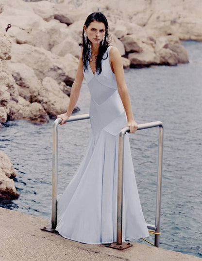 SP Blue Satin Jersey Tie Maxi Dress - Image 7