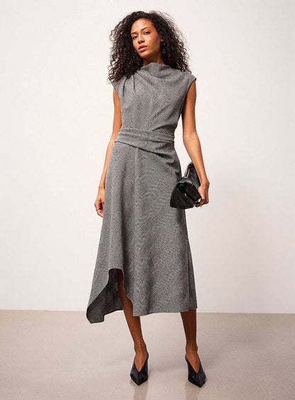 RS Grey Clara Wool-Blend Check Tailored Midi Dress