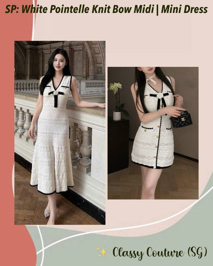 SP White Pointelle Knit Bow Midi | Mini Dress