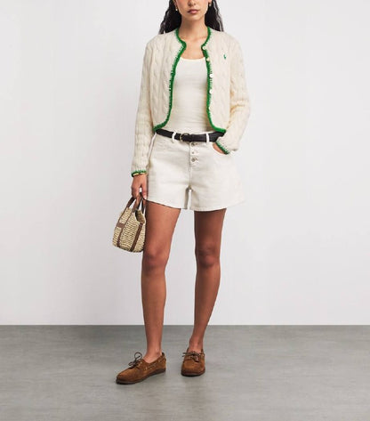 3 Colors! RL Whipstitch Trim Cable Stitch Cotton Cropped Cardigan