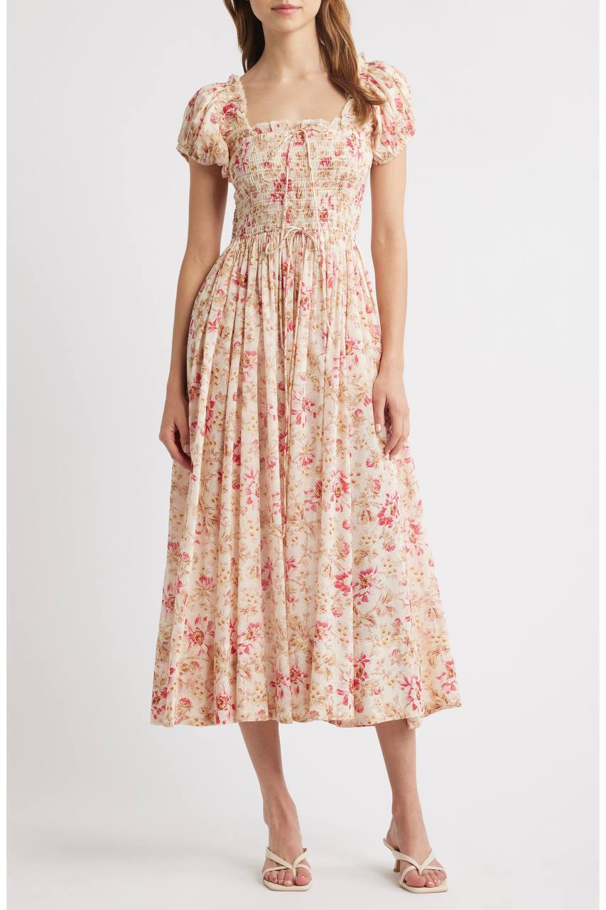 DN Floral Smocked Organic-cotton Midi Dress