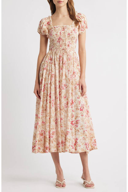 DN Floral Smocked Organic-cotton Midi Dress