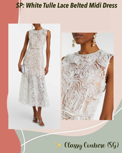 SP White Tulle Lace Belted Midi Dress