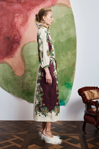 ALM002 Plum/Green Paisley Linen Shirtdress Mini Dress | Midi Dress
