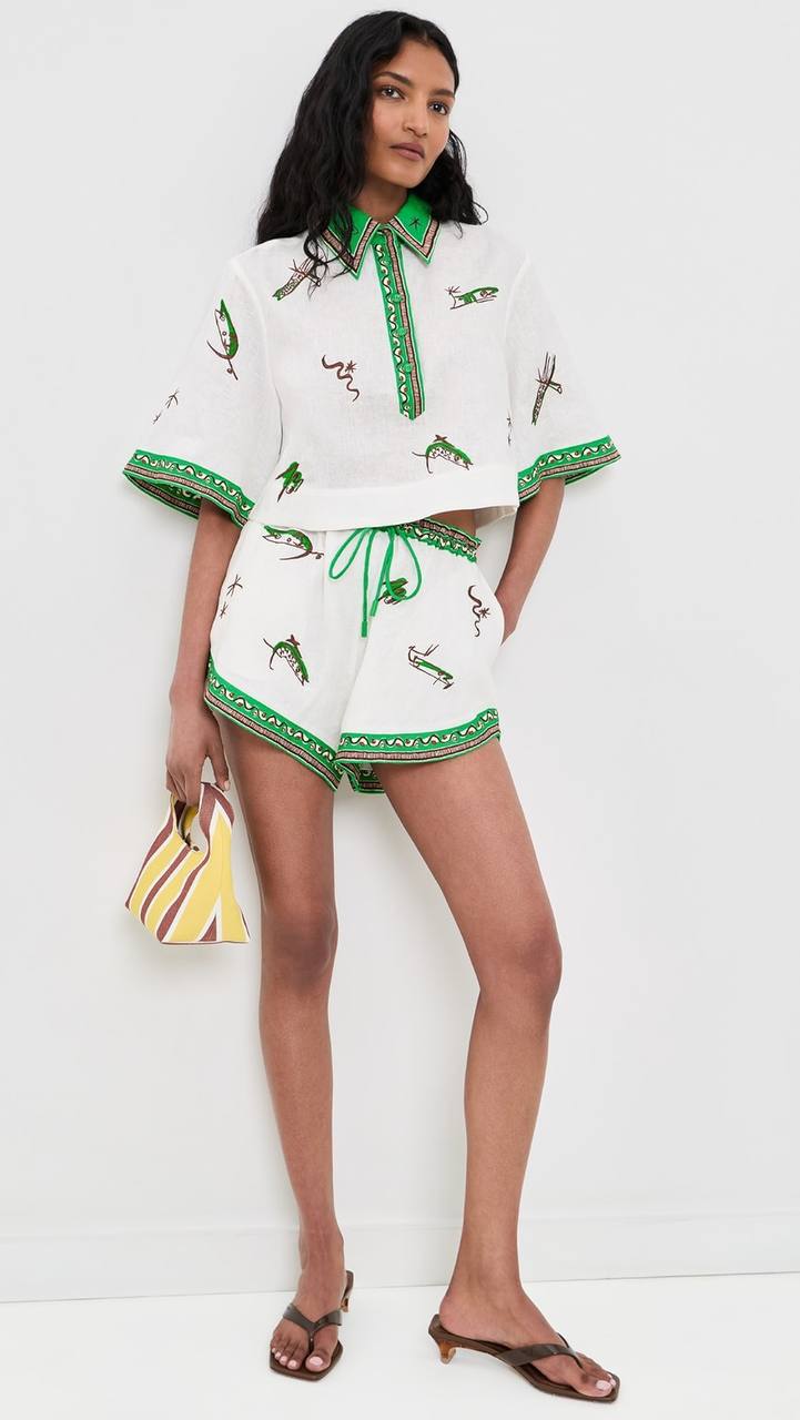 ALM001 Green/White Abstract Embroidered Fish Contrast Linen Crop Shirt | Shorts | Set