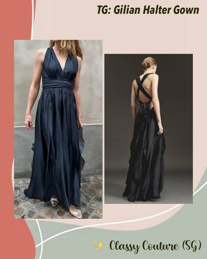 Gilian Plunge Halter Viscose-blend Chiffon Tie-back Gown Maxi Dress in Navy Blue