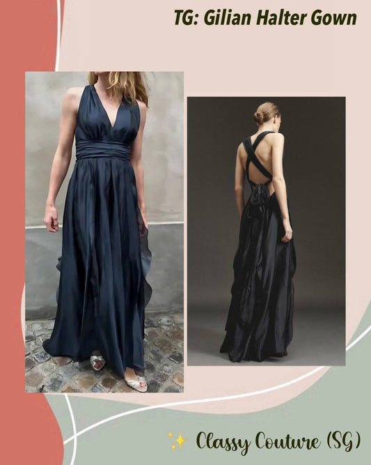 Gilian Plunge Halter Viscose-blend Chiffon Tie-back Gown Maxi Dress in Navy Blue