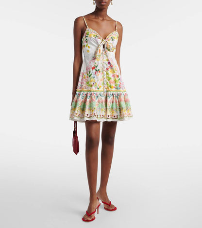 CM Tie Front Bow-Detail Floral Cotton Mini Dress With Hem Ruffle