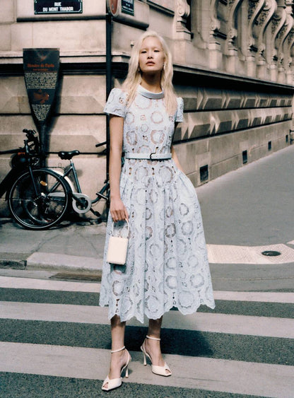 SP Blue Lace Floral Satin Collar Midi Dress