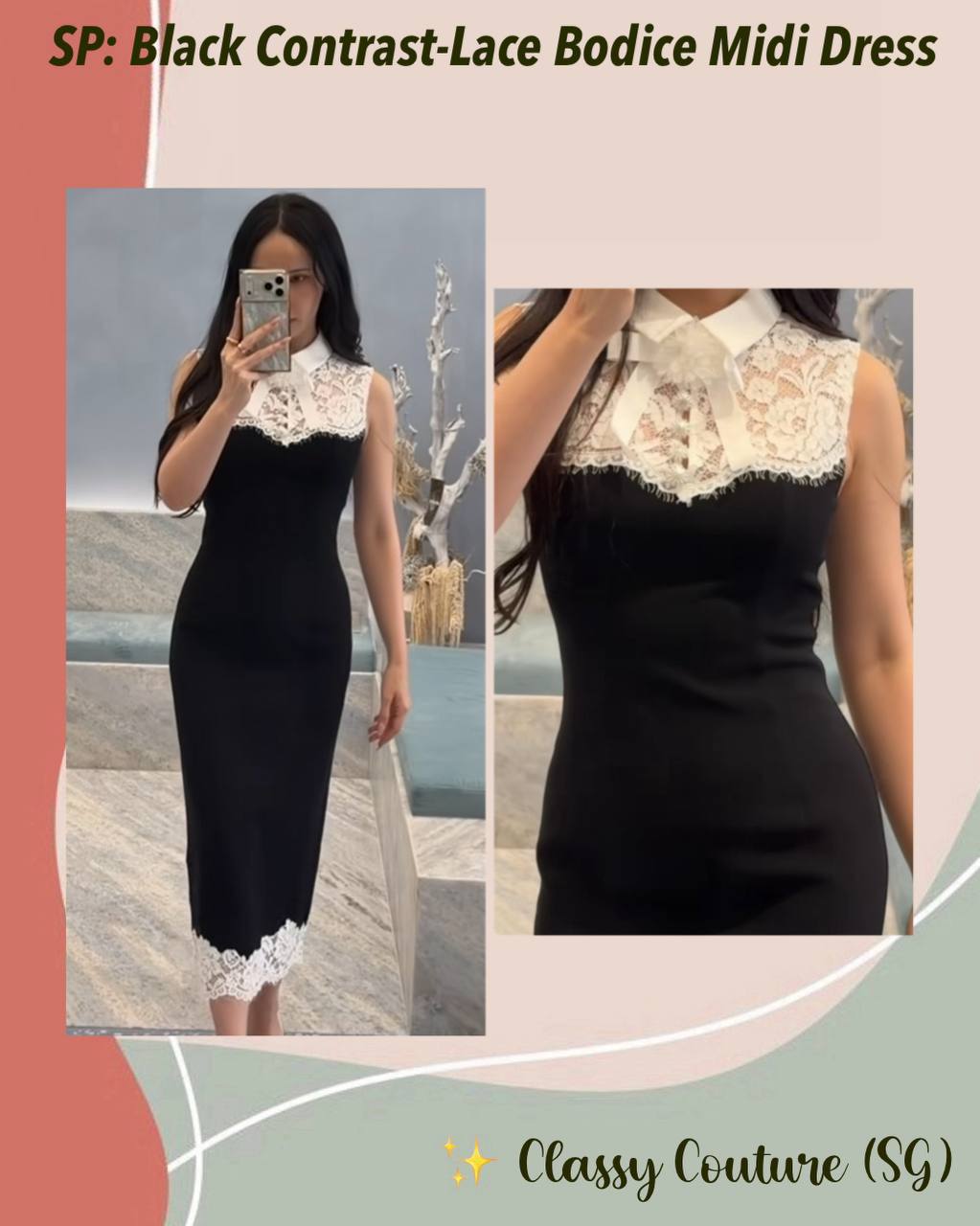 SP Black Contrast-Lace Bodice Midi Dress