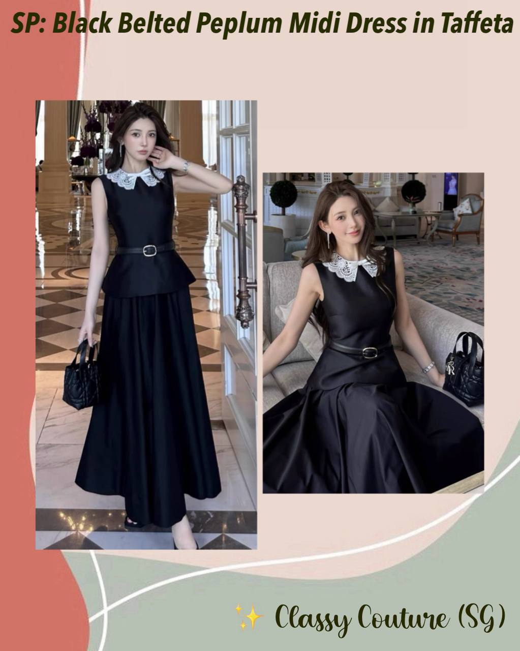 SP Black Belted Peplum Midi Dress in Taffeta