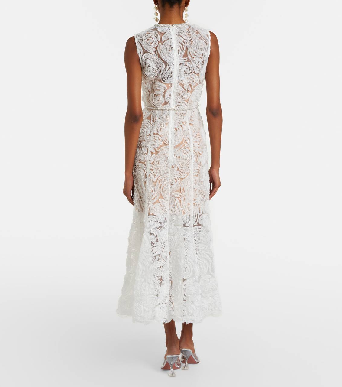 SP White Tulle Lace Belted Midi Dress
